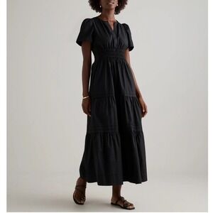 NEW Quince Organic Cotton Poplin Smocked Tiered Maxi Dress‎ Black Puff Sleeve